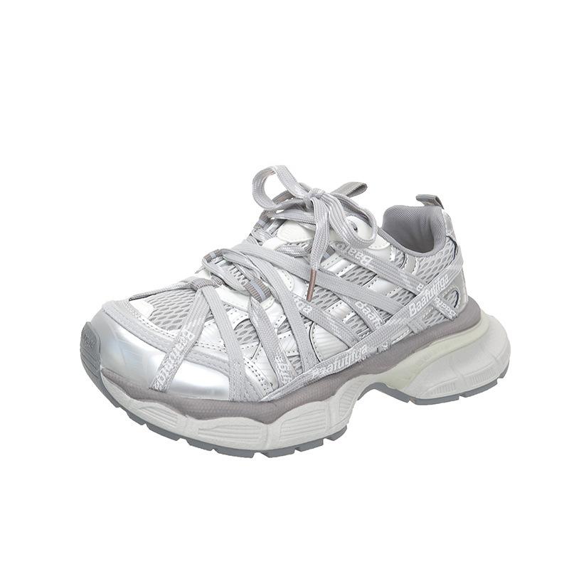 Thick-soled mesh lace-up dad shoes for women in the autumn of 2025, new fashionable and versatile casual and lightweight breathable little white shoes
