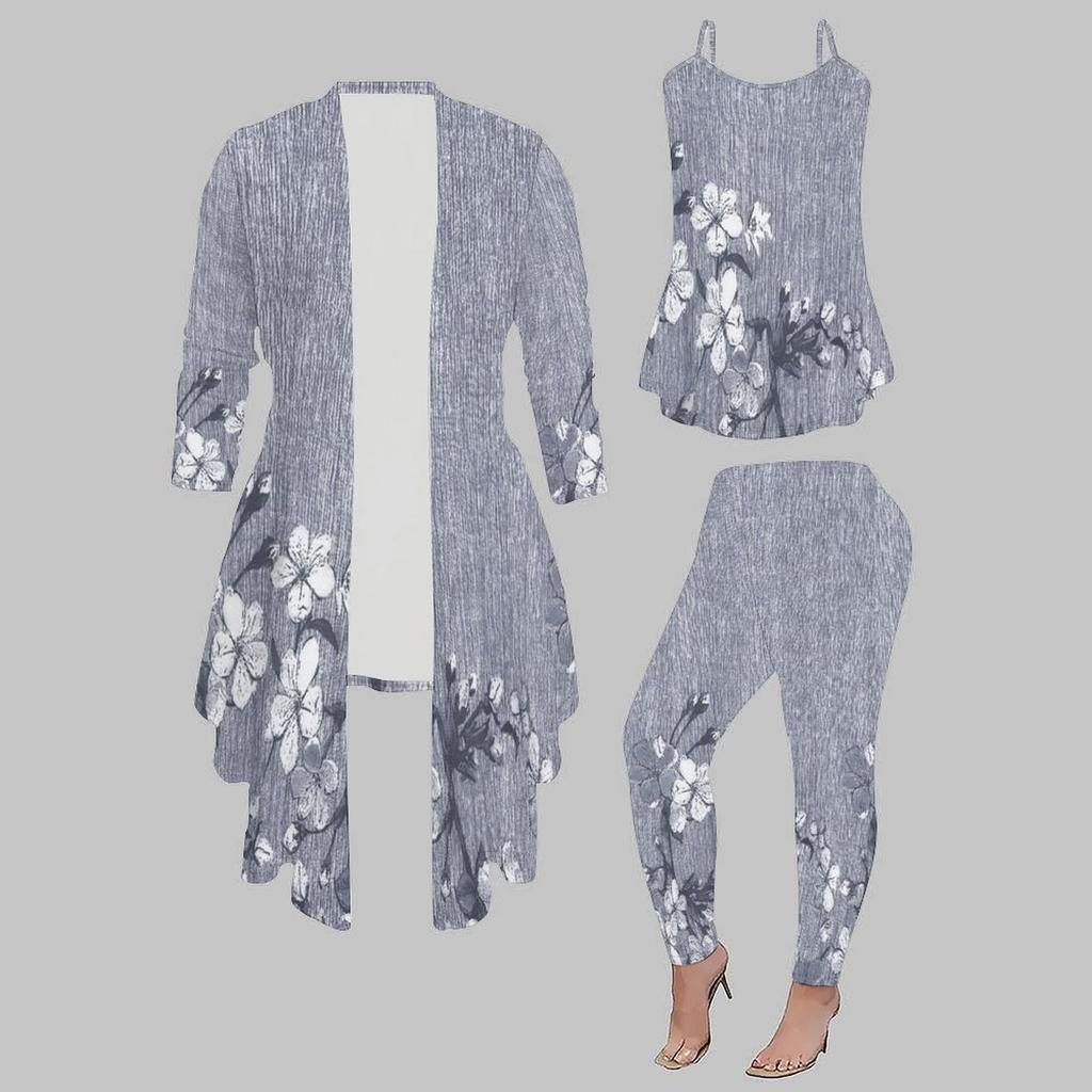 Plus Size Flower Print 3 Piece Outfit, Long Sleeve Open Front Cardigan Cami Top Leggings Set for Women