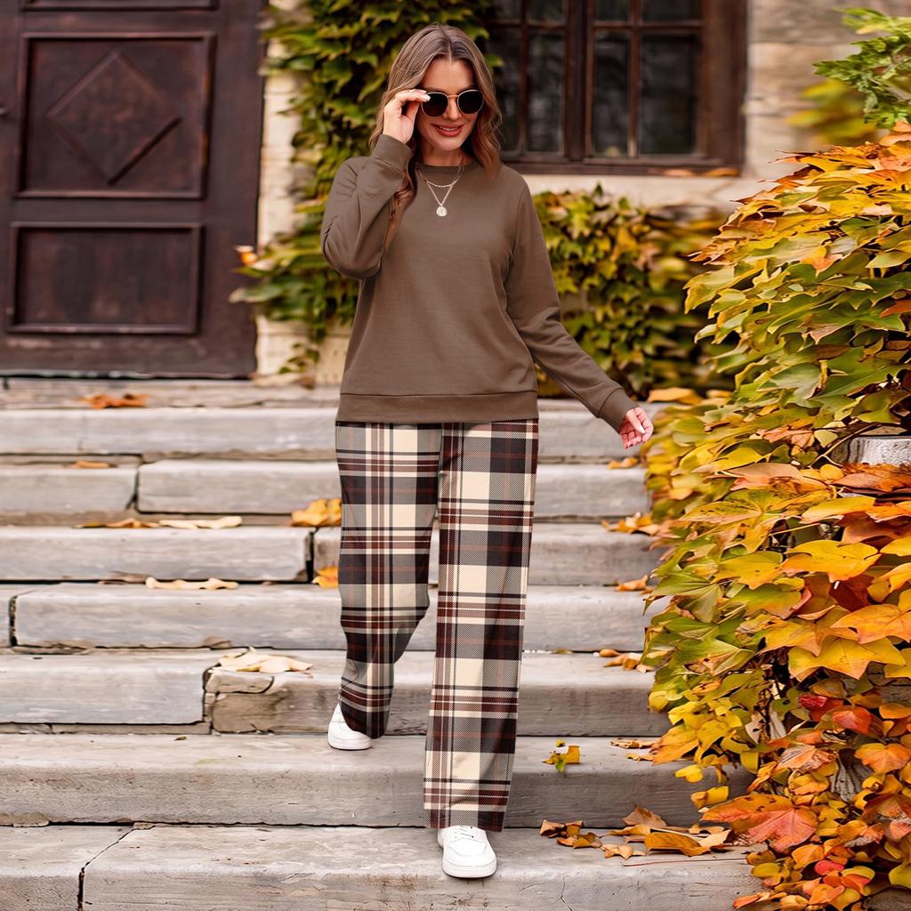Women's Casual Loose Fit Color Round Neck Sweatshirt and Pants Set, 2 Piece Matching Outfit for Everyday Wear