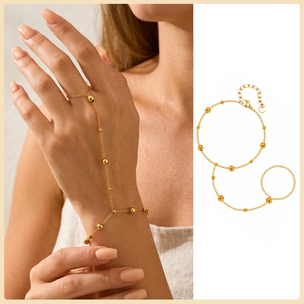 Bracelet Bague à Chaîne à Main en Acier Inoxydable pour Femmes, Bracelets de Doigts Double Couche Plaqué Or Réglables Bijoux de Fête d'Été