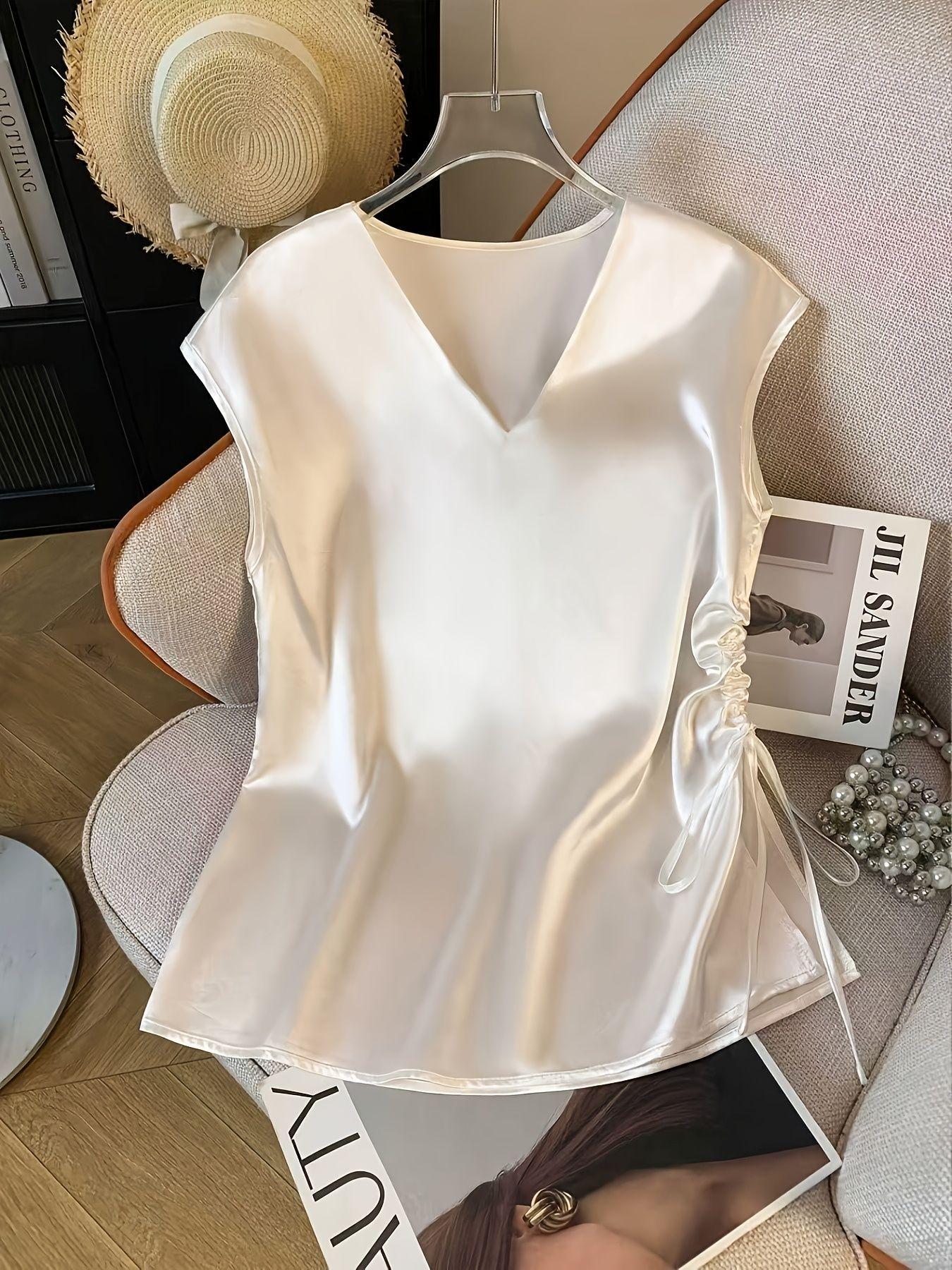 2026 Spring Women s V-neck Drawstring Satin Shirt - New European & American Autumn/Winter Collection 2XL