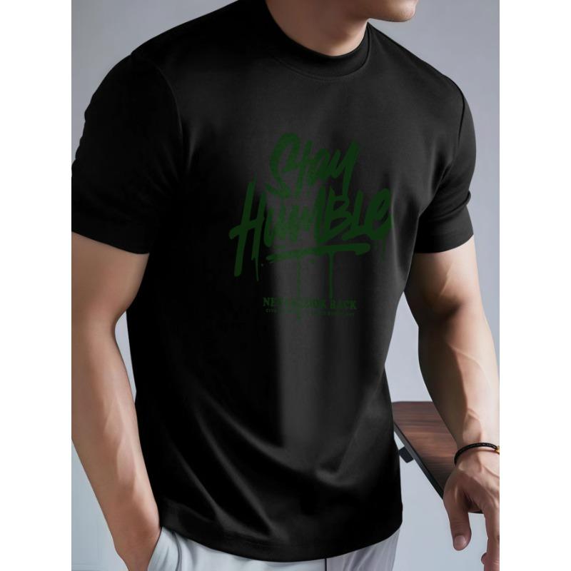 European Size Men'S Comfortable Crew Neck Top Featuring a Green Graffiti Style 'Stay Humble' Design, a Slightly Stretchy T-Shirt Suitable for Sports