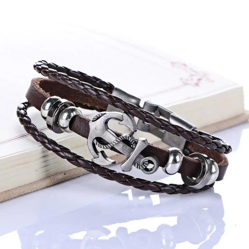 Mens Fashion Decoration Black Leather Anchor Wristband Bracelet Stainless Steel Clap Gift Accessoriescreative Birthday Gifts