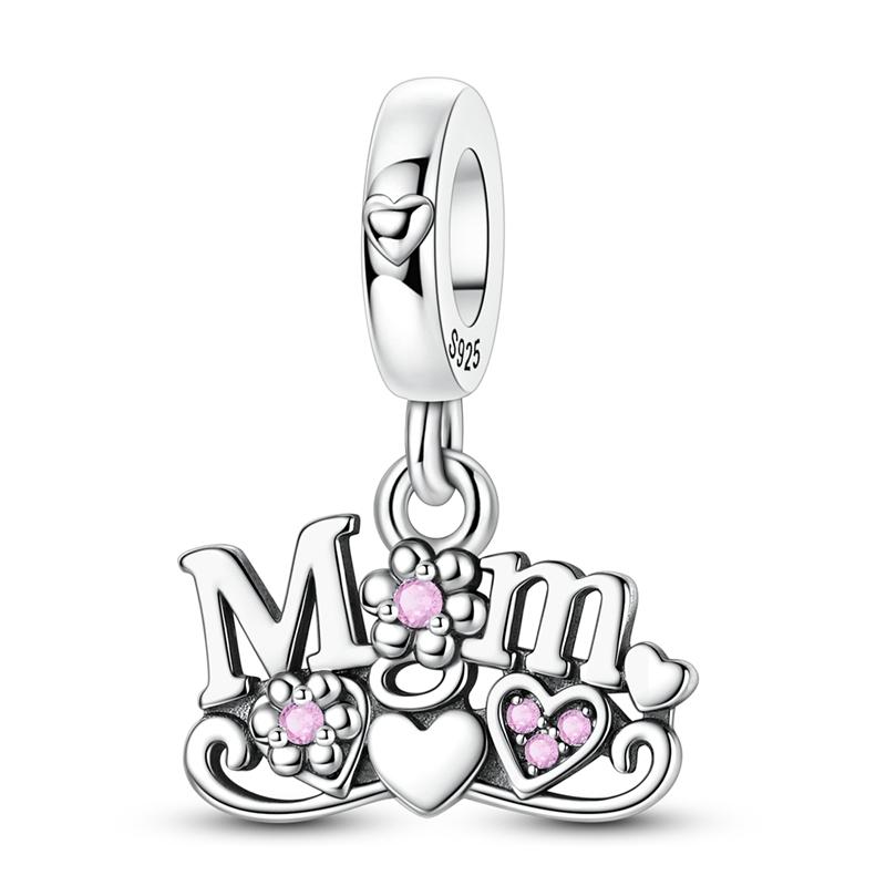 Original 925 Sterling Silver Bead Charms Pink Heart Flower Mom Pendant Fit Original Bracelet For Women DIY Jewelry Gift