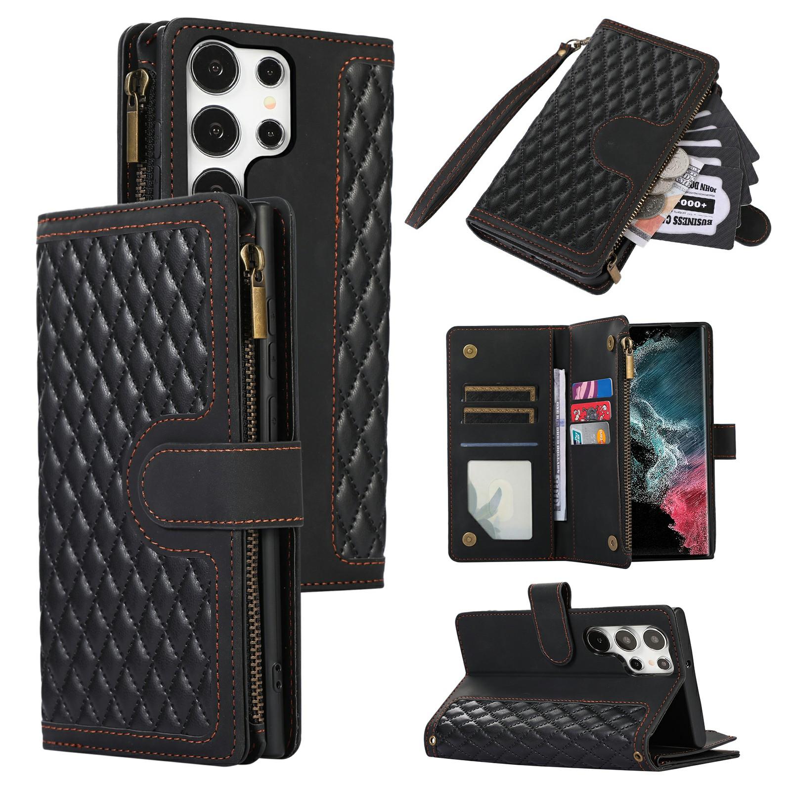 

For Samsung Galaxy S24 Ultra Case 9 Card Slots Rhombus Design Leather Phone Cover with Wrist Strap Black