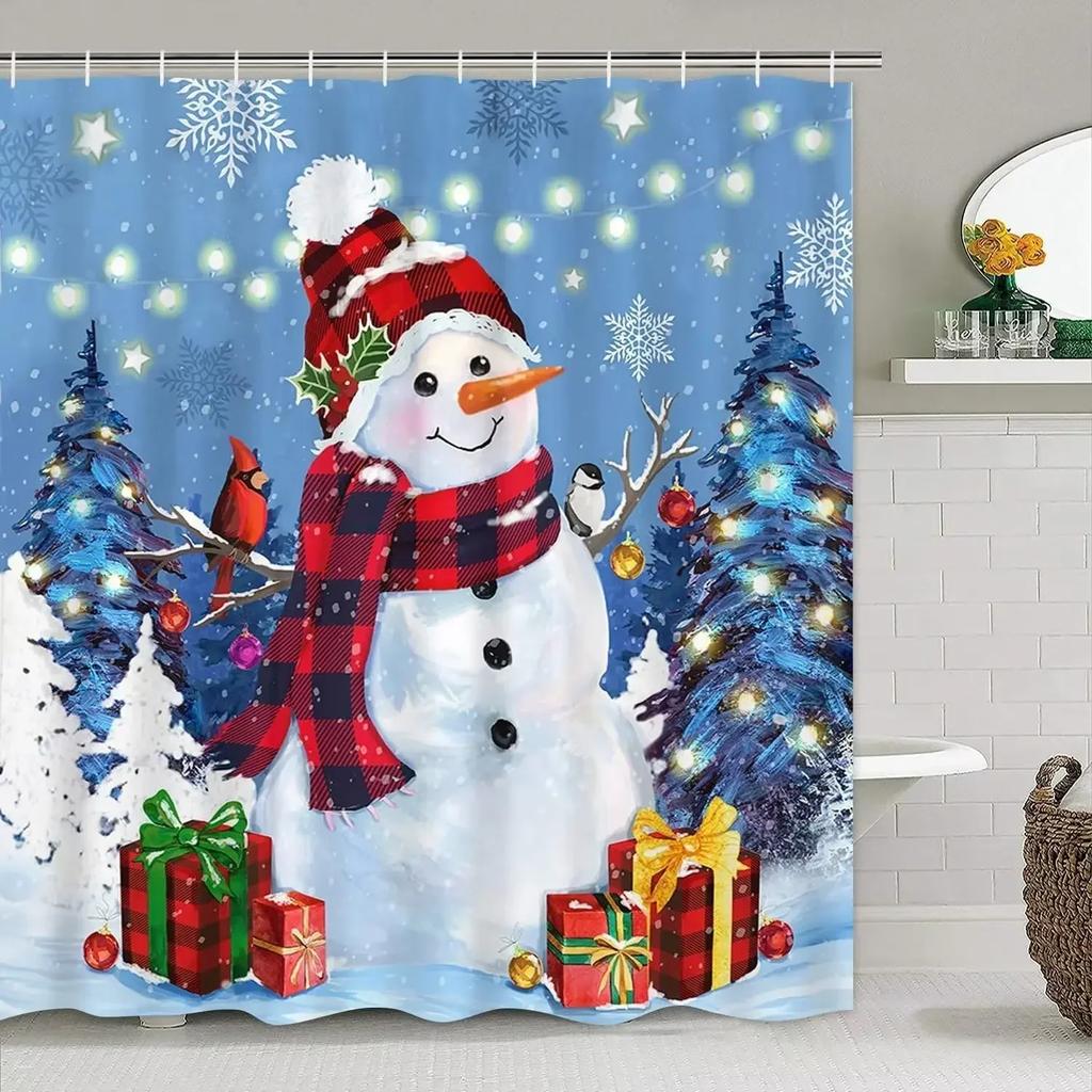 Theme Shower Truck Christmas Tree Gift Deer Red Bird Pinecone Snow Scene Baths Curtain Bathroom DecorXT6