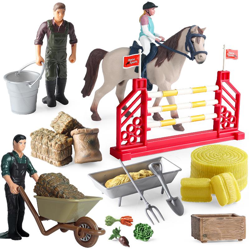 Oenux Farm Model Rider House Horse Stable Equestrian Fencing Action Figures Animals Set Figurine Early Education Kid Toy Gift