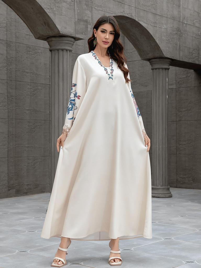 Embroidered Tassel V-neck Abaya: Middle Eastern Muslim Women's Long Robe