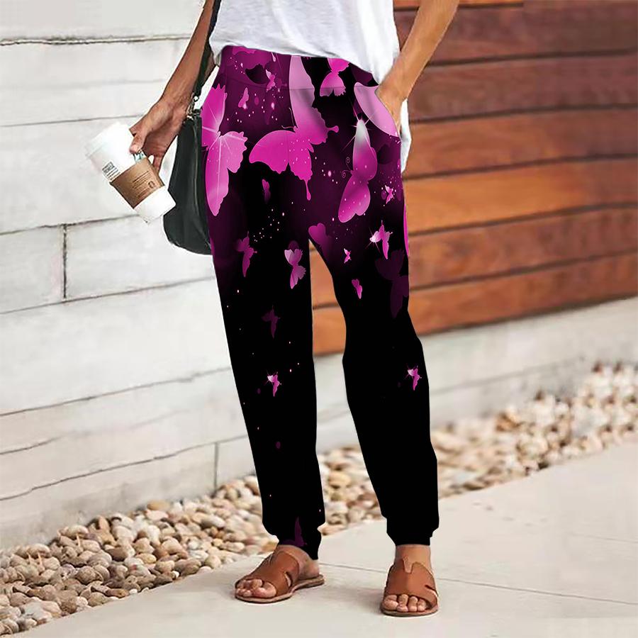 

Женские брюки с принтом бабочек, на шнуровке, с эластичной талией, свободные, повседневные длинные брюки, брюки с карманами 8XL розовый