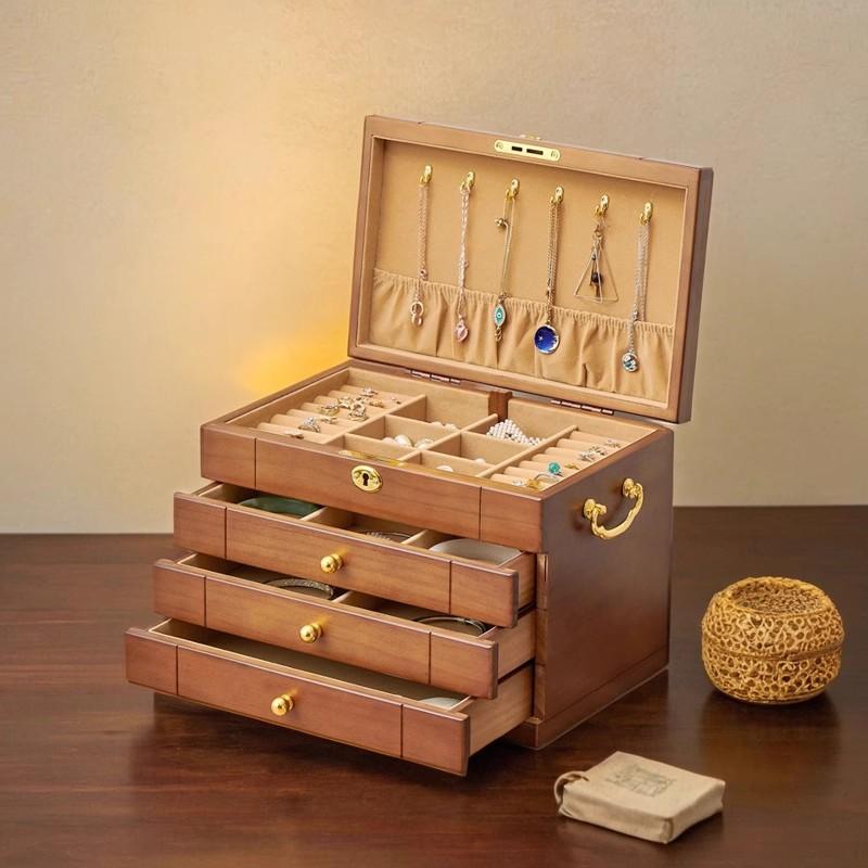 Extra Large Wooden Jewelry Organizer Vintage Jewelry Storage Box with Lock Home Luxury Necklace Rings Pendant Tray Cabinet Gifts