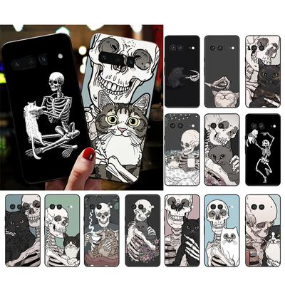Handyhülle für Google Pixel 7 Pro 7 6A 6 Pro 5A 4A 3A Pixel 4 XL Pixel 5 6 4 3 XL 3A XL 2 XL Skelett Totenkopf Katze Kunst Hülle Funda