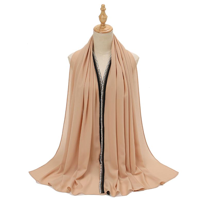 New Ramadan Chiffon Hijab Scarf With Pearls Beads Muslim Hijab With Chain Solid Long Shawls Headscarf Wraps Islamic Headband