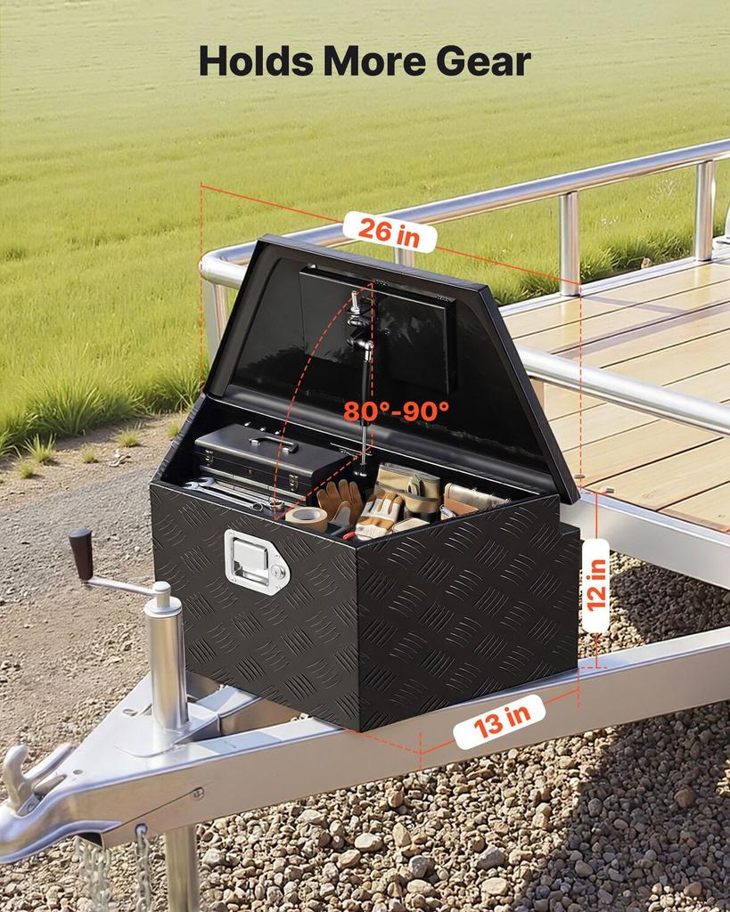 Trailer Tongue Box, 660 x 330 x 305 mm Aluminum Trailer Tongue Tool Box, Heavy Duty Storage Organizer with Lock & Keys, Utility Tool Chest for Pickup