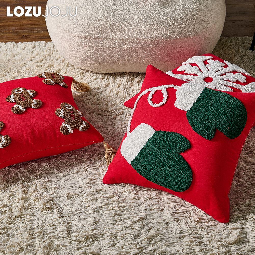 1PC LOZUJOJU Fashionable and Versatile Christmas Style Red Pillowcase Plush Embroidery Soft Cushion Cover for Sofa Living Room Bedroom Home Decor