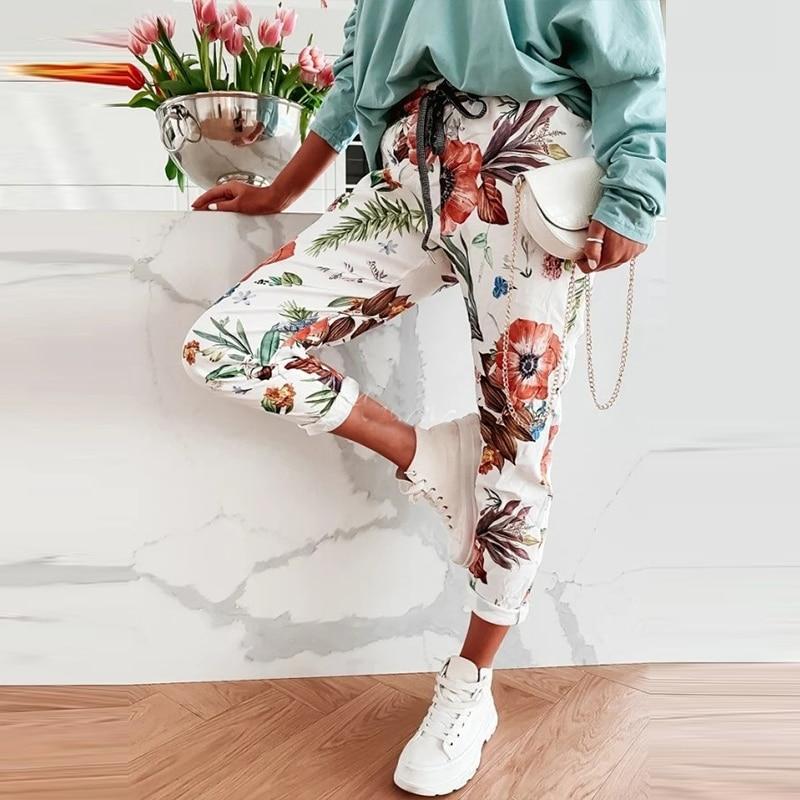 Spring Summer New Flower Print Long Pants Fashion Lace-Up Elastic Waist Sport Trousers Casual Women Pocket Sweatpants Streetwear