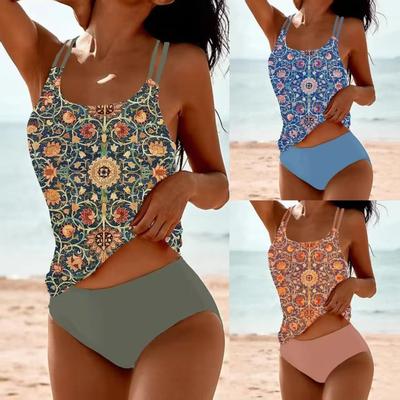 Neuer Retro-Print-Badeanzug mit Schlitz für Damen, hohe Taille, konservativer Tankini-Badeanzug, lockerer Träger-Badeanzug