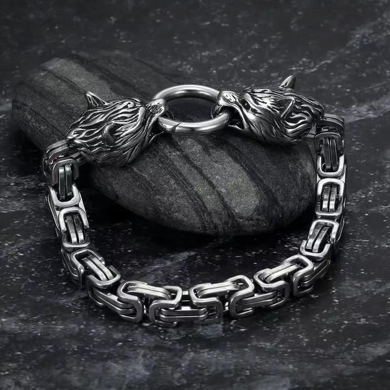 Pánsky náramok z nehrdzavejúcej ocele s hlavou vlka Fenrir, nórsky vikingský retiazkový náramok
