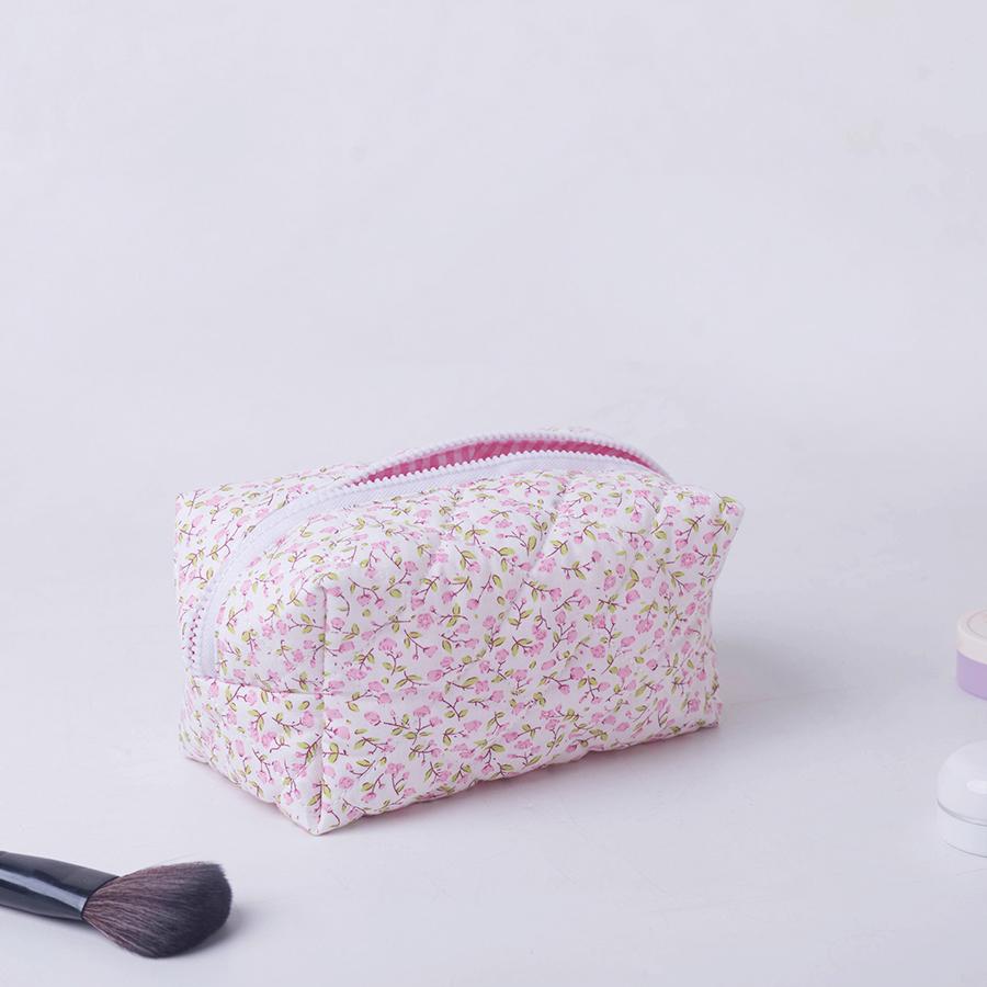Cosmetic Bags Storage Organizer Floral Puffy Quilted Makeup Bag Flower Printed Cosmetic Pouch Large Travel Cosmetic Bag Makeup
