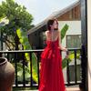 Halter red ruffle edge neck dress seaside vacation dress
