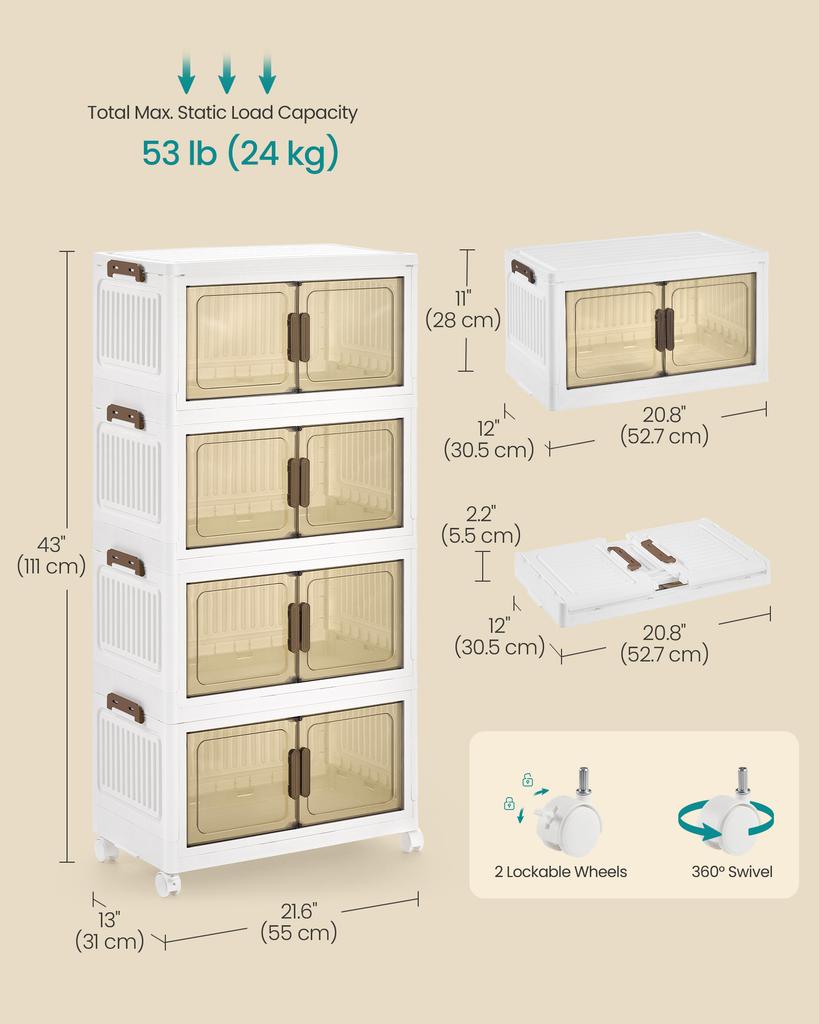 SONGMICS Storage Boxes with Lid, 4-Tier Stackable Organiser with 1 Lid