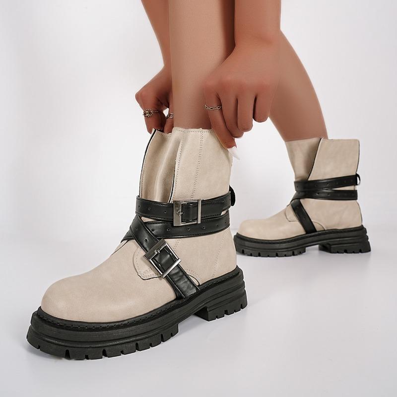 Western Trendy Big Head Cross Belt Buckle Chimney Boots Round Toe Platform Block Heel Booties