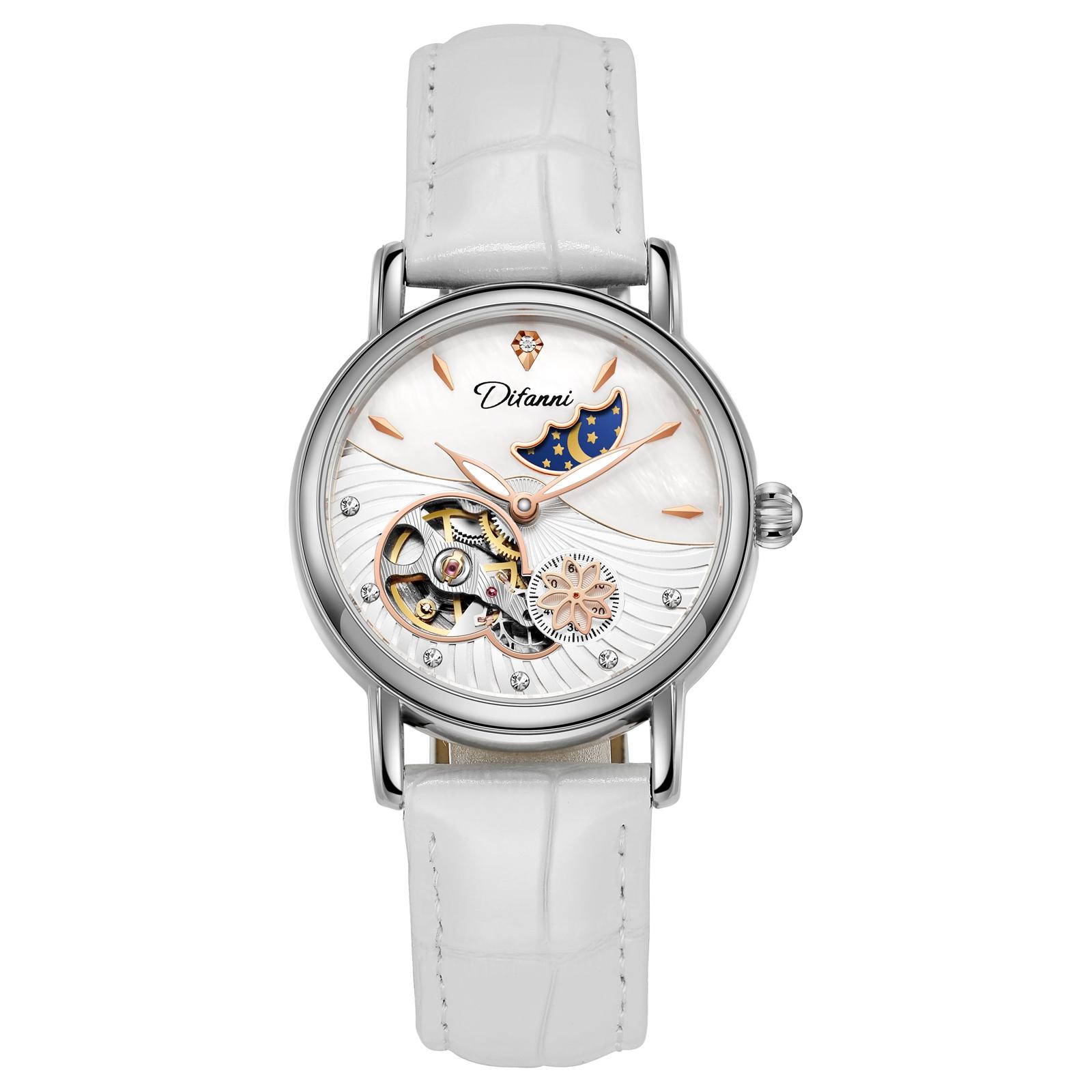 

Dulunwe Женские автоматические механические часы с фазой Луны, кожаный ремешок, самозаводящиеся, перламутровый скелетонизированный циферблат, водонепроницаемые женские наручные часы белый/серебряный