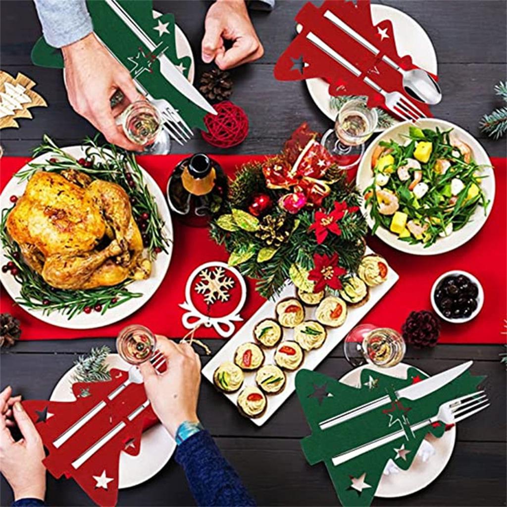 10Pcs/pack Festive Christmas Cutlery Holders Holiday Tableware Pockets Tree Shaped Display Stand for Party Decorations