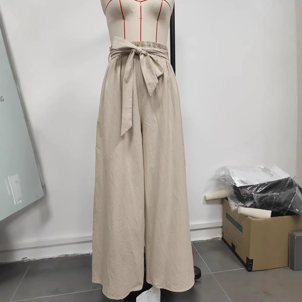 Cotton Pants High Waist Adjustable Knotted Commuter Wide Leg Trousers Casual Trousers Drape Trousers Women's Summer
