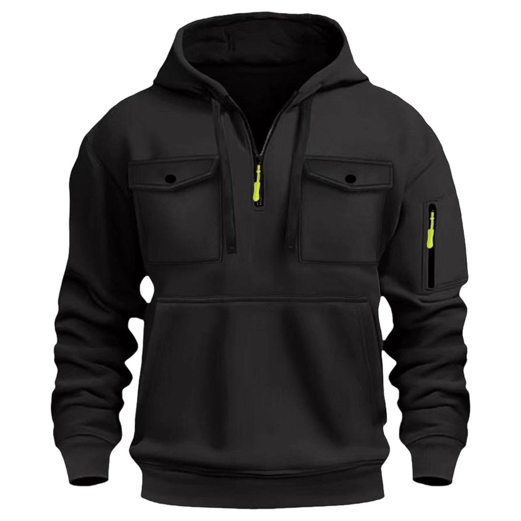 Herren-Farbiger Kapuzenpullover mit halbem Reißverschluss und Ärmeltasche