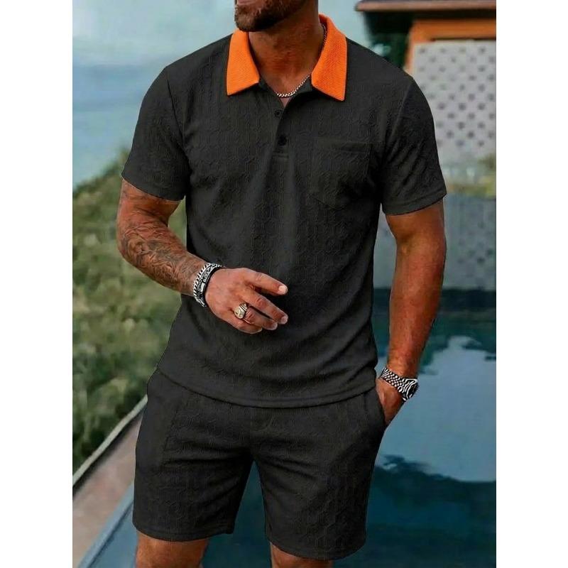 Mens Casual Two Piece Outfit Contrast Collar Polo Shirt And Shorts Set