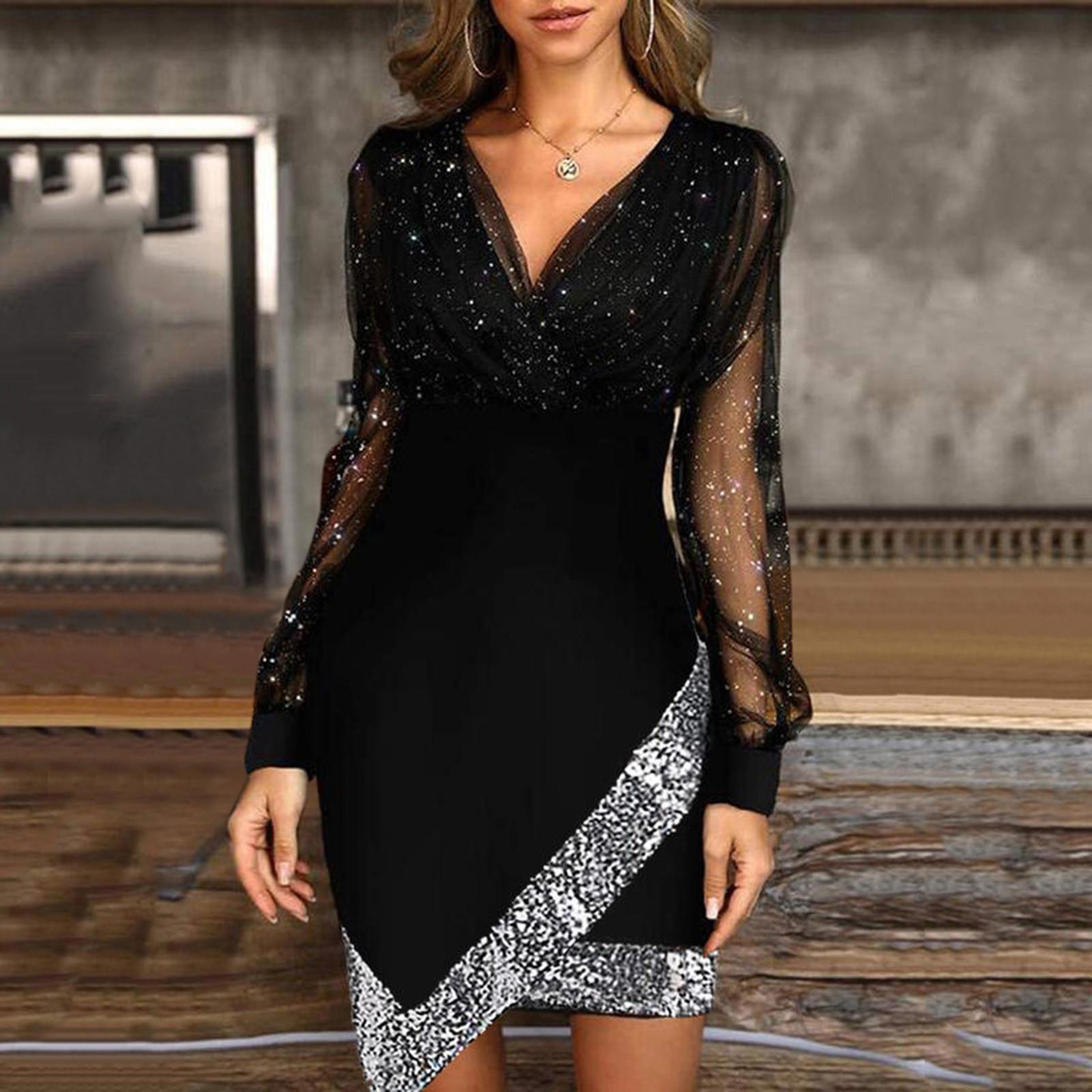 

Women s Fashion Mesh-Panel Color V-Neck Long-Sleeve Dress M чорний
