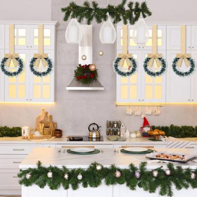 Mini Christmas Cabinet Wreaths 5.1 Inch Small Kitchen Xmas Decor with Red Ribbon Bow Plastic Rattan Fabric Window Door Office Holiday Decoration