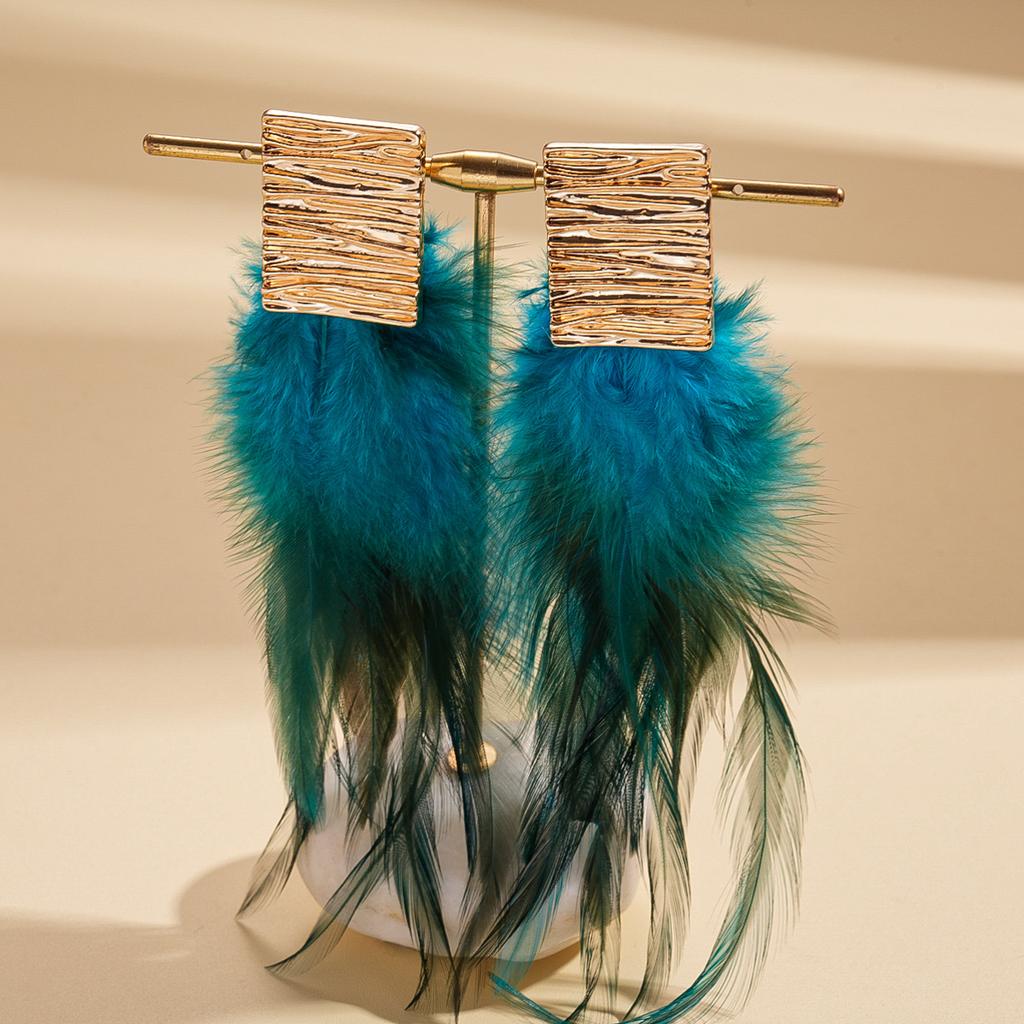 European and American exaggerated feather fringed square silver needle earrings Bohemian retro niche earrings