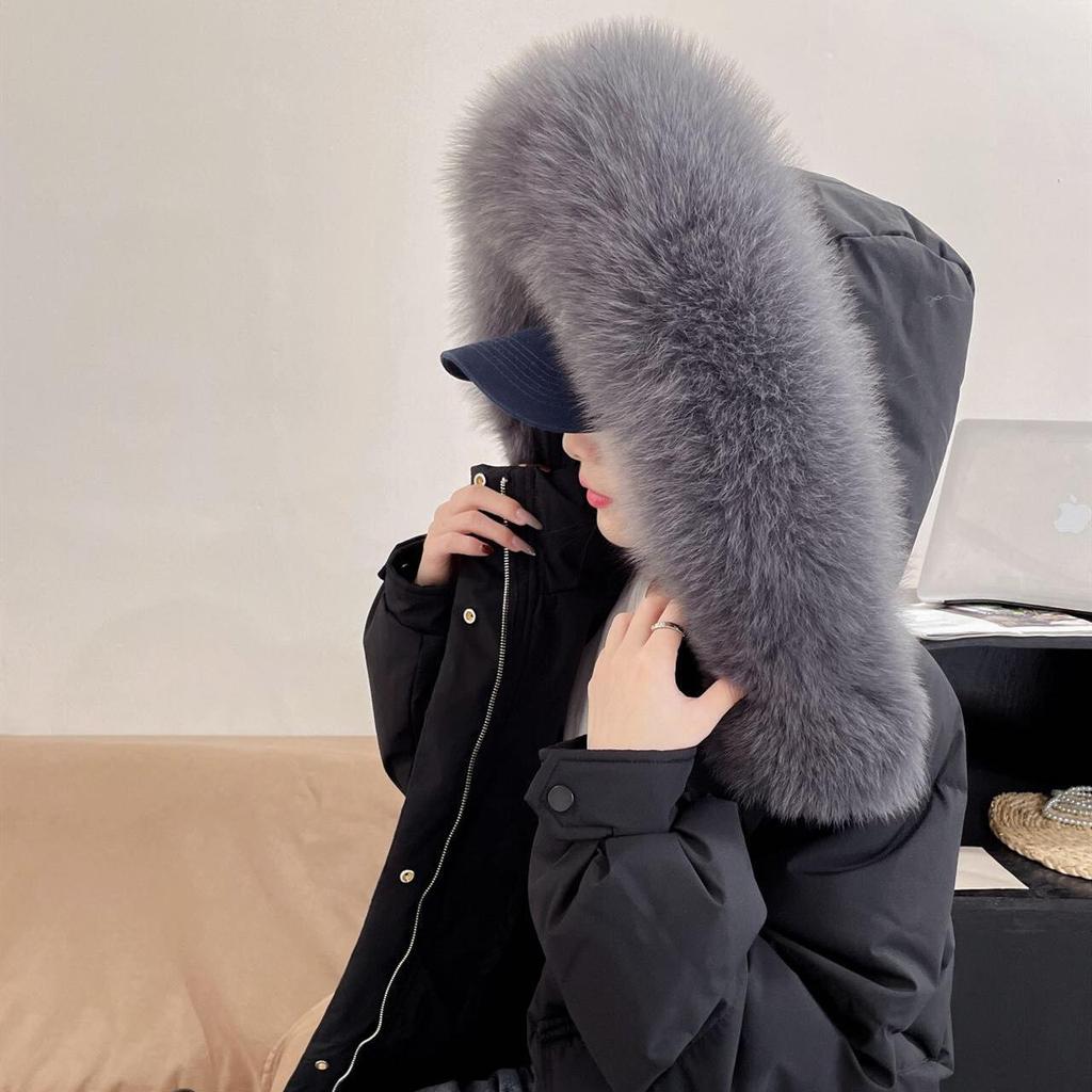Women's Winter Autumn Hooded Fur Collar White Duck Down Jacket Coat Loose Solid Color Big Pocket Thicken Down Coat