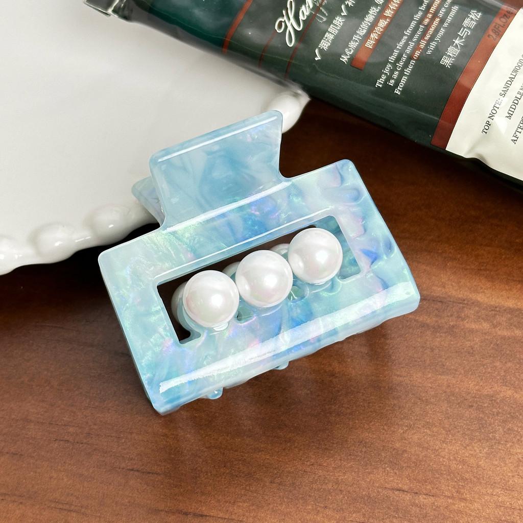 

Stylish Square Acetate Hair Clip For Elegant Updos And Ponytails With Pearl Inlay Blue