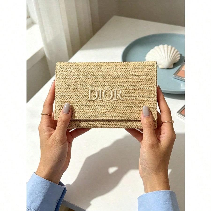 DIOR Brand Beauty Novelty Pocket Mirror, Beige Fabric Round Compact Mirror with Hook Chain, Portable Hanging Makeup Mirror for Bag Decoration