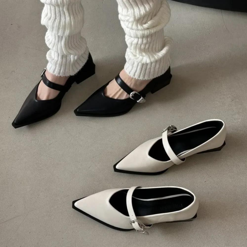Pointed Toe Women Loafers Shoes Black White Casual Mules Belt Buckle Shallow Slip on Low Heeled Party Pumps Women's Flat Shoes