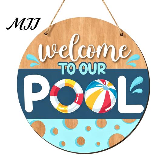 Beach House Decoration Summer Pool Wooden Hanging Sign, Weather Resistant Solid Wood Plaque with Sign Hemp Rope for Outdoor Party And Swimming Decor