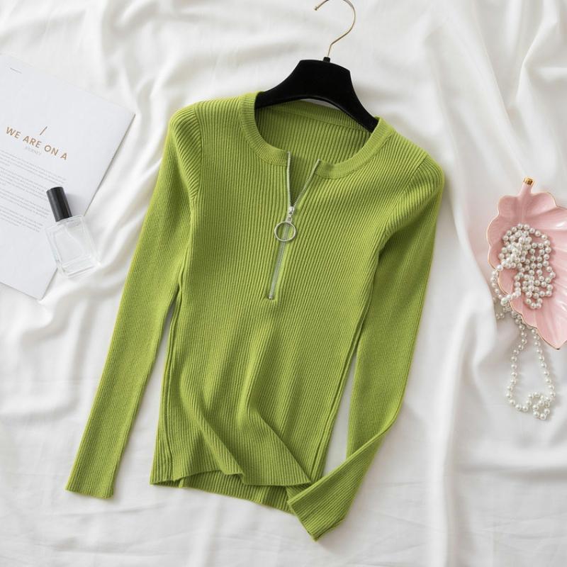 

Autumn New Zipper Round Neck Pullovers Sweater Women Slim Fit Long Sleeve Base Knitted Sweater Tops Ladies Elegant Solid Fashion Winter Jumpers 25500 One Size зелений