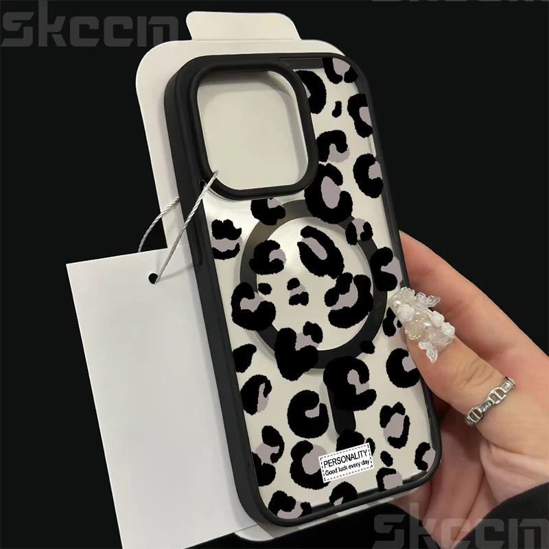 Leopard Print Clear Phone Case For iPhone 16 15 14 13 12 11 Pro Max Plus XS XR 16E Matte Magnetic Wireless Charge Cover