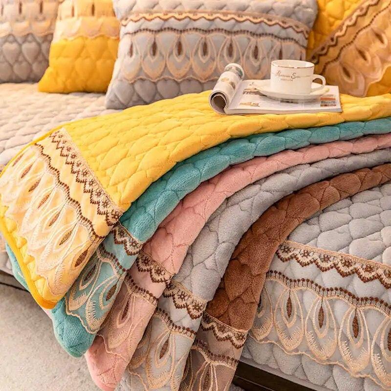 Capa de sofá de pelúcia quente de inverno com renda antiderrapante de alta qualidade, encosto de sofá, toalha, móveis, capa protetora completa à prova de poeira