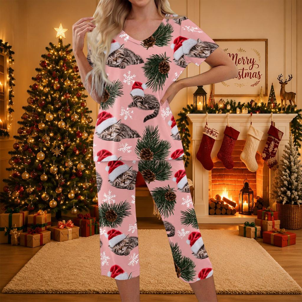 Women's Casual Christmas Print Two-Piece Outfit with Short Sleeve Top and Pants