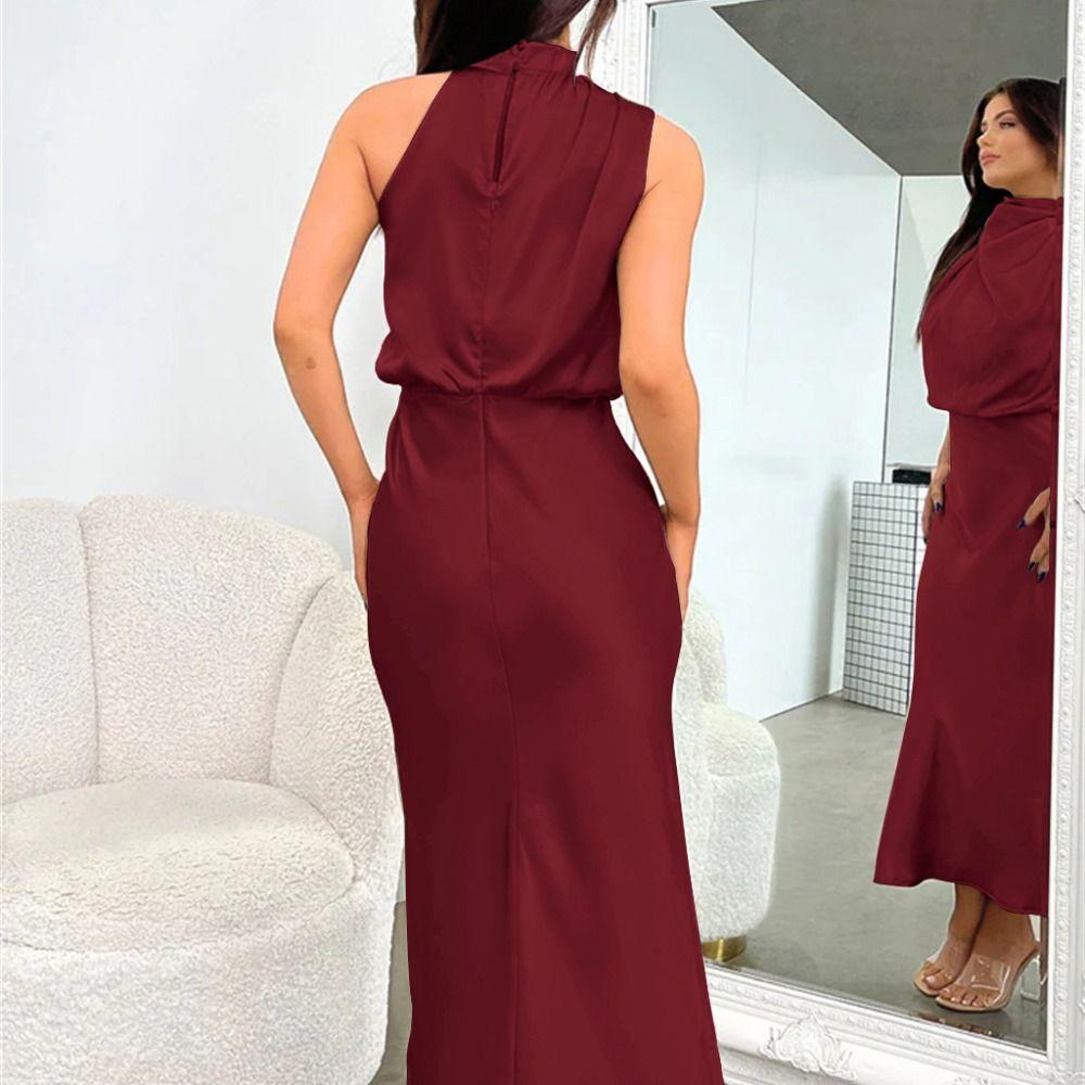 Pure Color Sleeveless Skirt Satin Silk Holiday Party Dress Fashion Long Evening Dress  Club