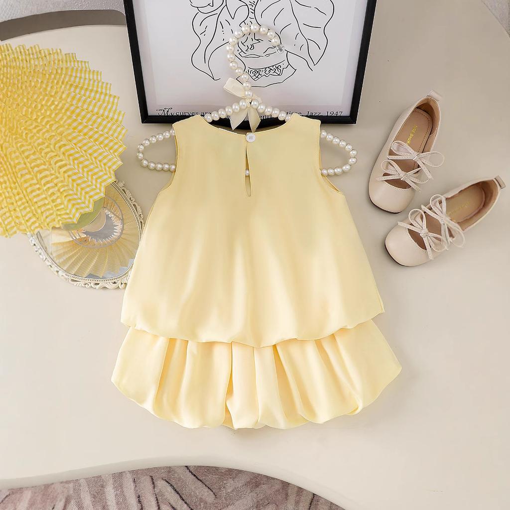 Girls' Fashionable Set Summer Children's Sweet Bow Sleeveless Top + Loose Shorts Two-piece Set