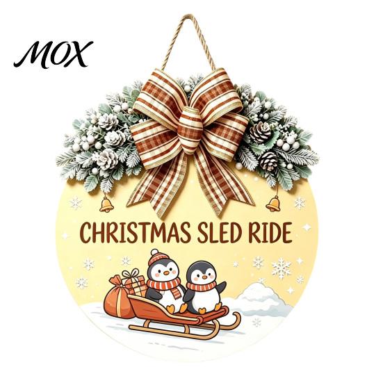 Festive Home Decoration Christmas Wooden Welcome Sign for Front Door, Round Hanging Ornament with Rustic Winter Wreath Artificial Pine Branches & Bow