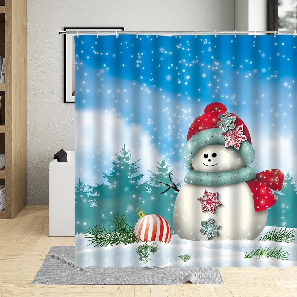 Merry Christmas Shower Curtain Xmas Tree Socks Elk Wooden House Snowman Winter Festival Decor Wall Cloth Bathroom Curtains Sets