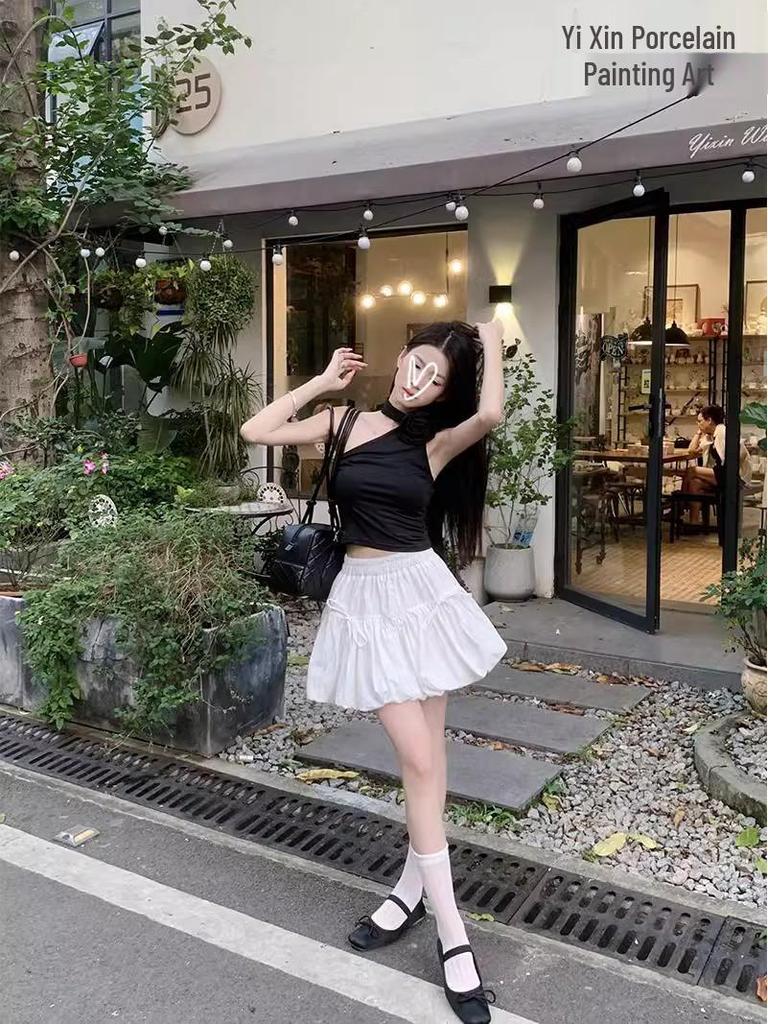 Women's Gray High-Waist Pleated Bow Skirt: Summer Slimming, Ant-Exposure Lantern Style