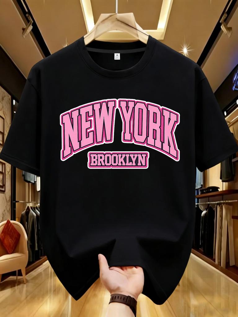 Wds0156pink Letter Printed Plus Size Unisexs Round Neck Tshirt Summer Casual Short Sleeved Top Street Fashion Versatile