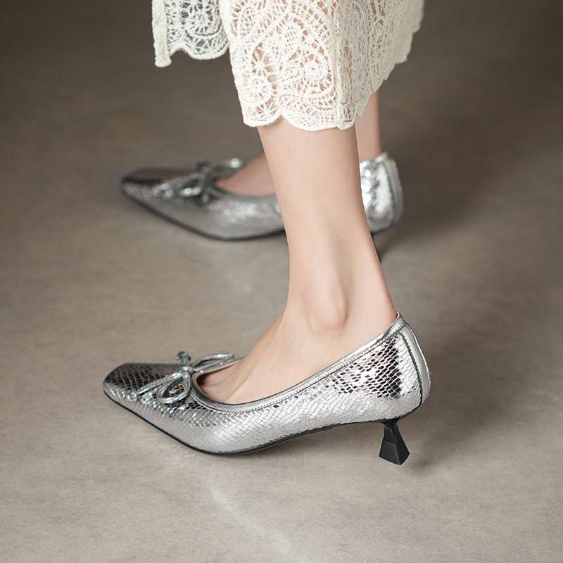 Krazing Pot Sheep Skin Summer Spring Autumn Stiletto Med Heels Butterfly-knot Women Square Toe Shallow Pumps