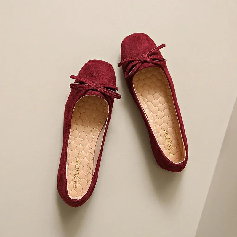 

Женские лоферы размера плюс 43 из замшевой кожи с круглым носком и милым бантом, слипоны, балетки, элегантные женские стройнящие балетки, туфли на плоской подошве 43 вино красного
